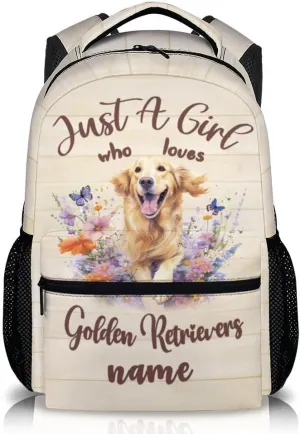 Personalized Dog Backpack with Name Text, 17" Cute Golden Retriever Backpack for Kids Girls Women, Custom Lightweight Bookbag for School Travel, Gifts for Dog Lovers