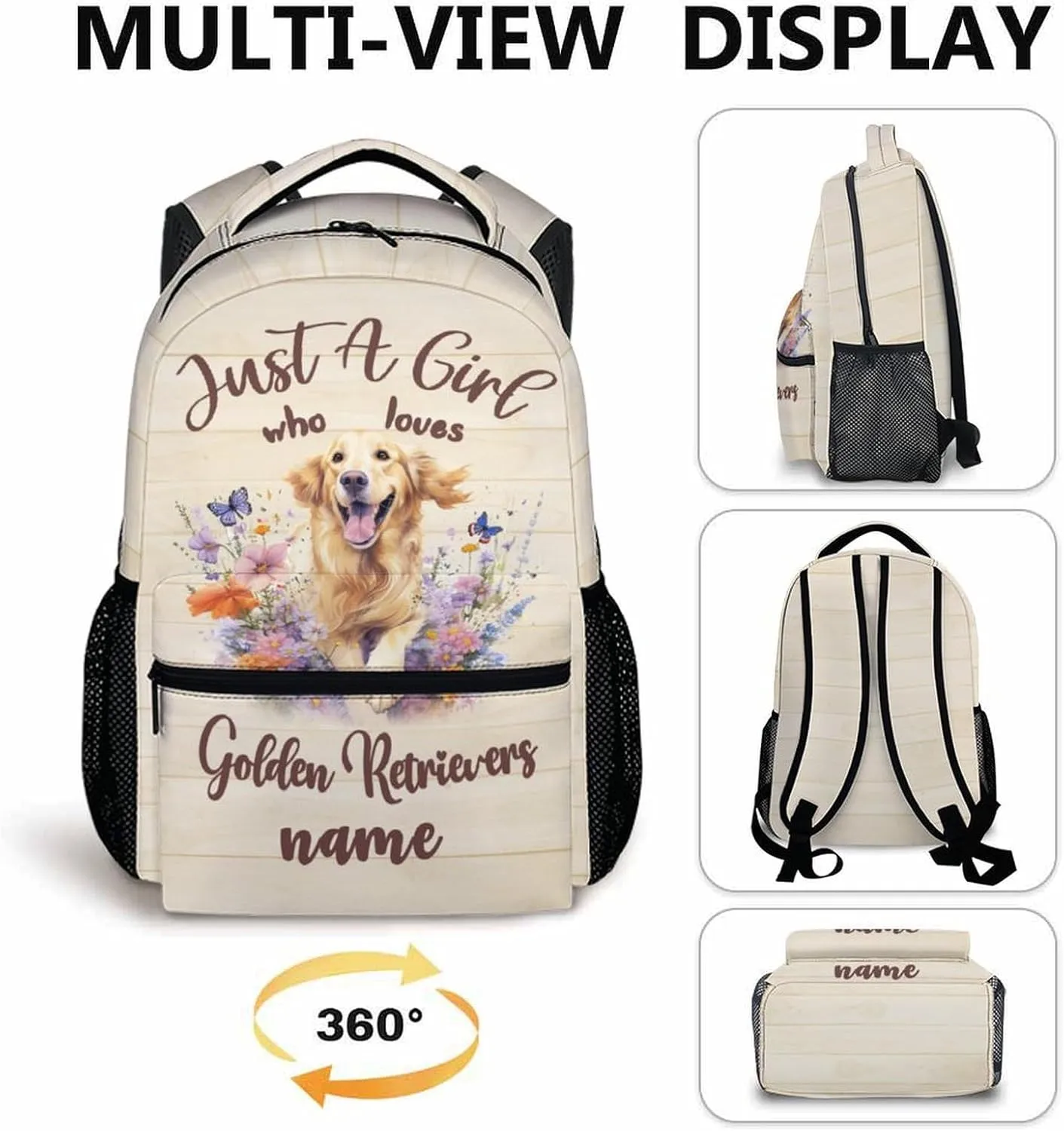Personalized Dog Backpack with Name Text, 17" Cute Golden Retriever Backpack for Kids Girls Women, Custom Lightweight Bookbag for School Travel, Gifts for Dog Lovers