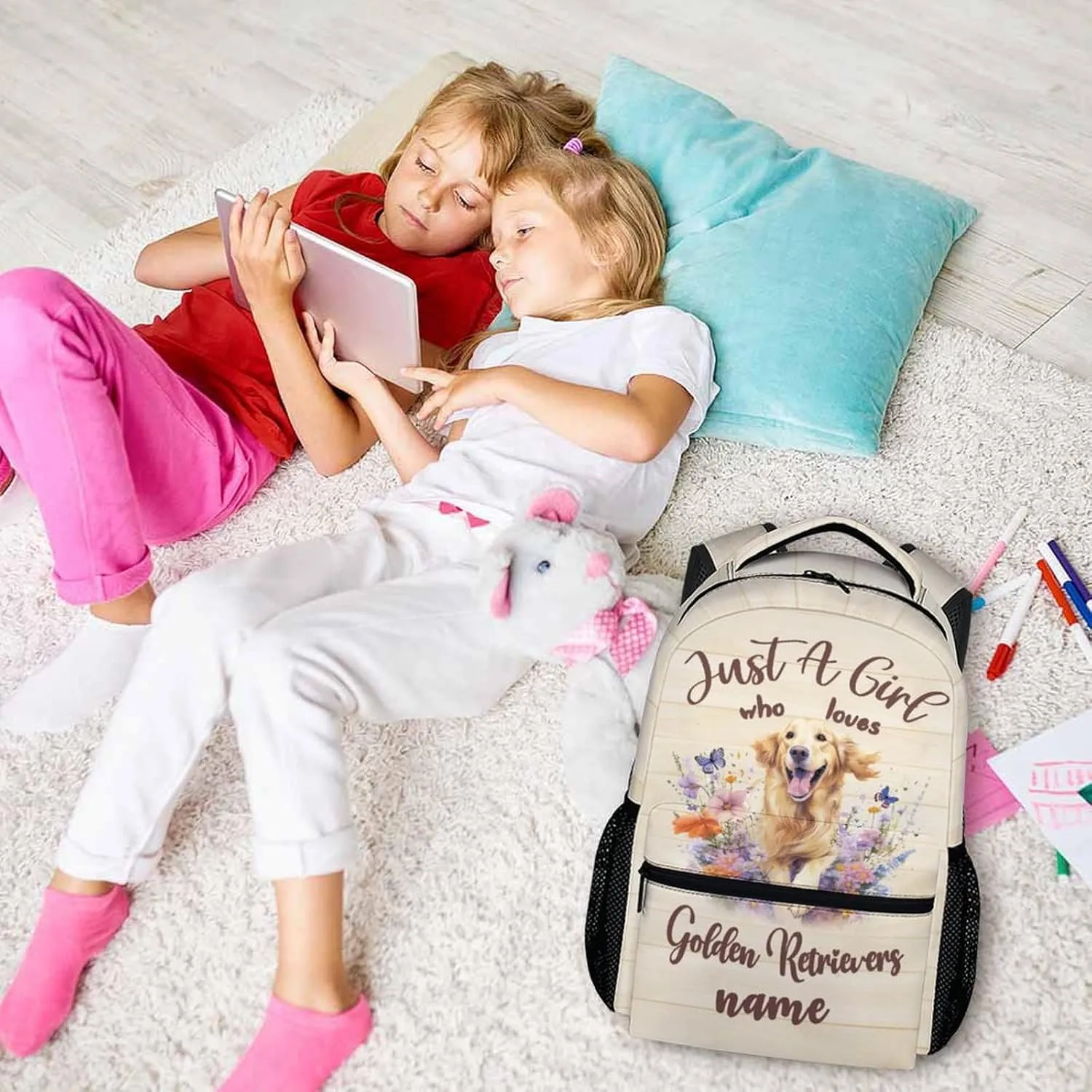 Personalized Dog Backpack with Name Text, 17" Cute Golden Retriever Backpack for Kids Girls Women, Custom Lightweight Bookbag for School Travel, Gifts for Dog Lovers