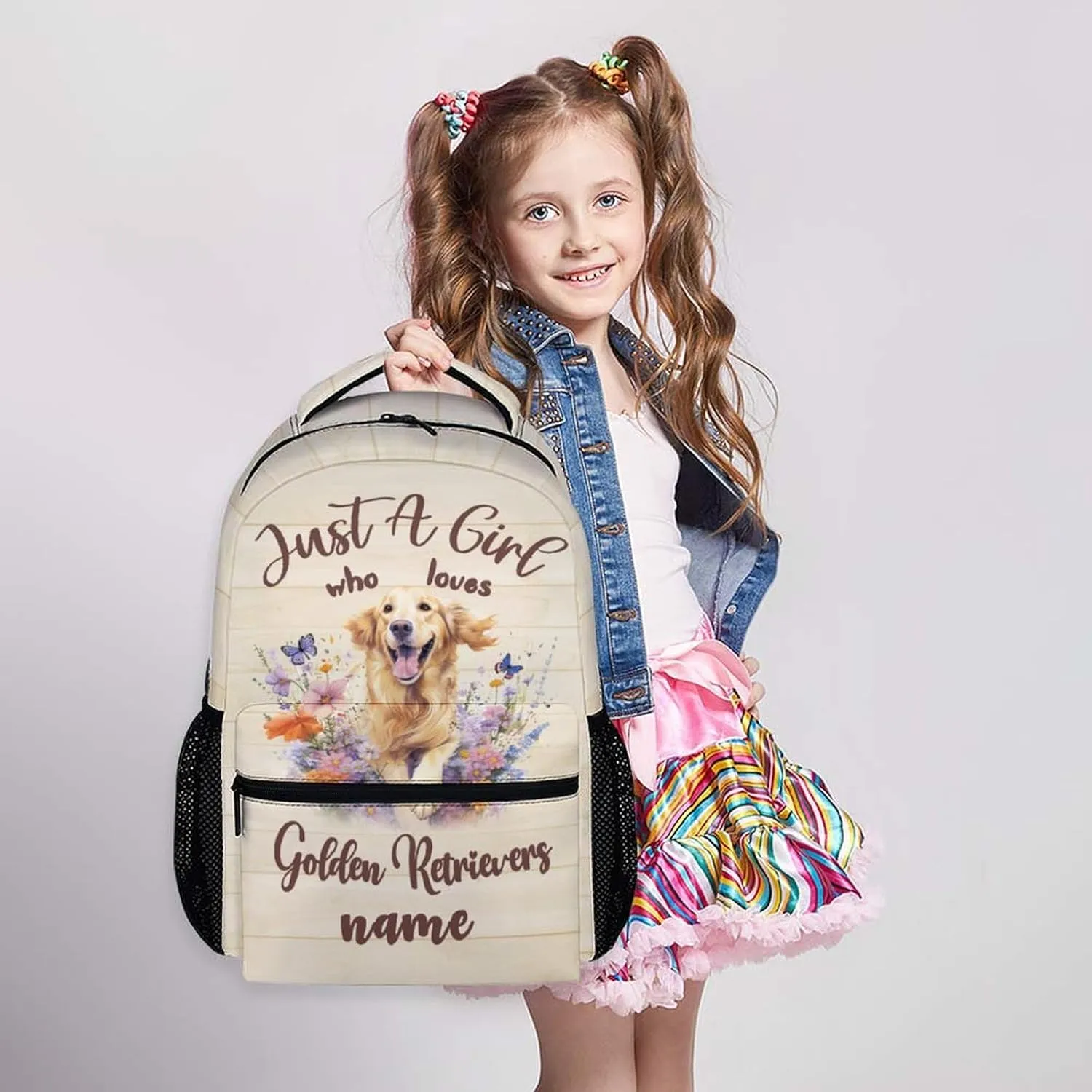 Personalized Dog Backpack with Name Text, 17" Cute Golden Retriever Backpack for Kids Girls Women, Custom Lightweight Bookbag for School Travel, Gifts for Dog Lovers