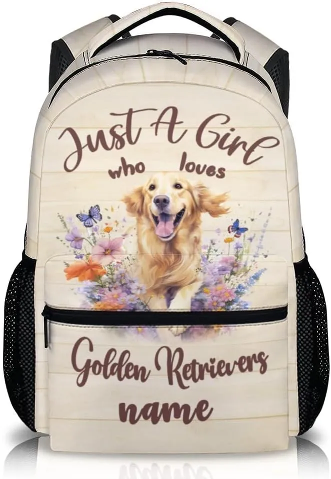 Personalized Dog Backpack with Name Text, 17" Cute Golden Retriever Backpack for Kids Girls Women, Custom Lightweight Bookbag for School Travel, Gifts for Dog Lovers