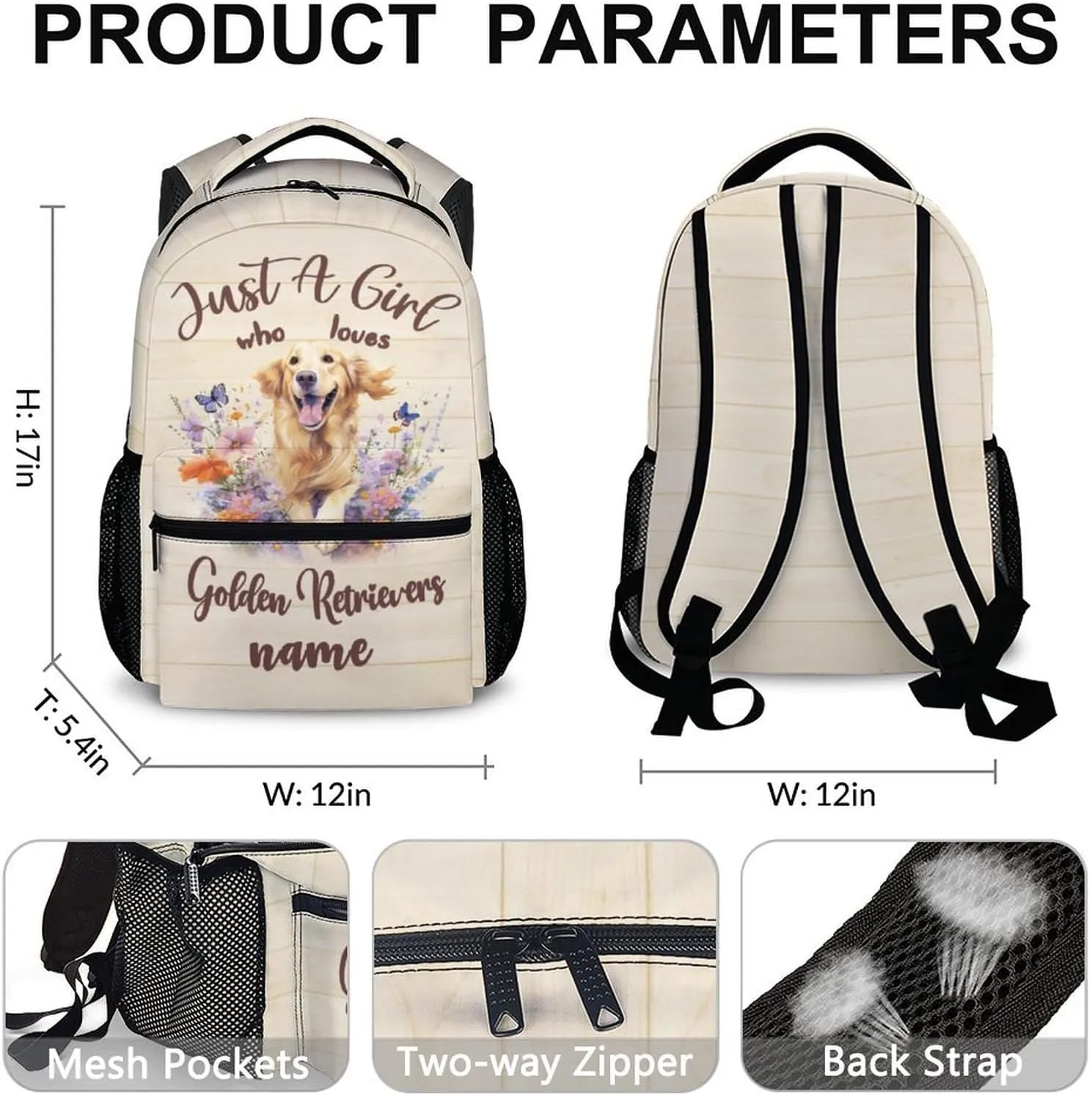 Personalized Dog Backpack with Name Text, 17" Cute Golden Retriever Backpack for Kids Girls Women, Custom Lightweight Bookbag for School Travel, Gifts for Dog Lovers