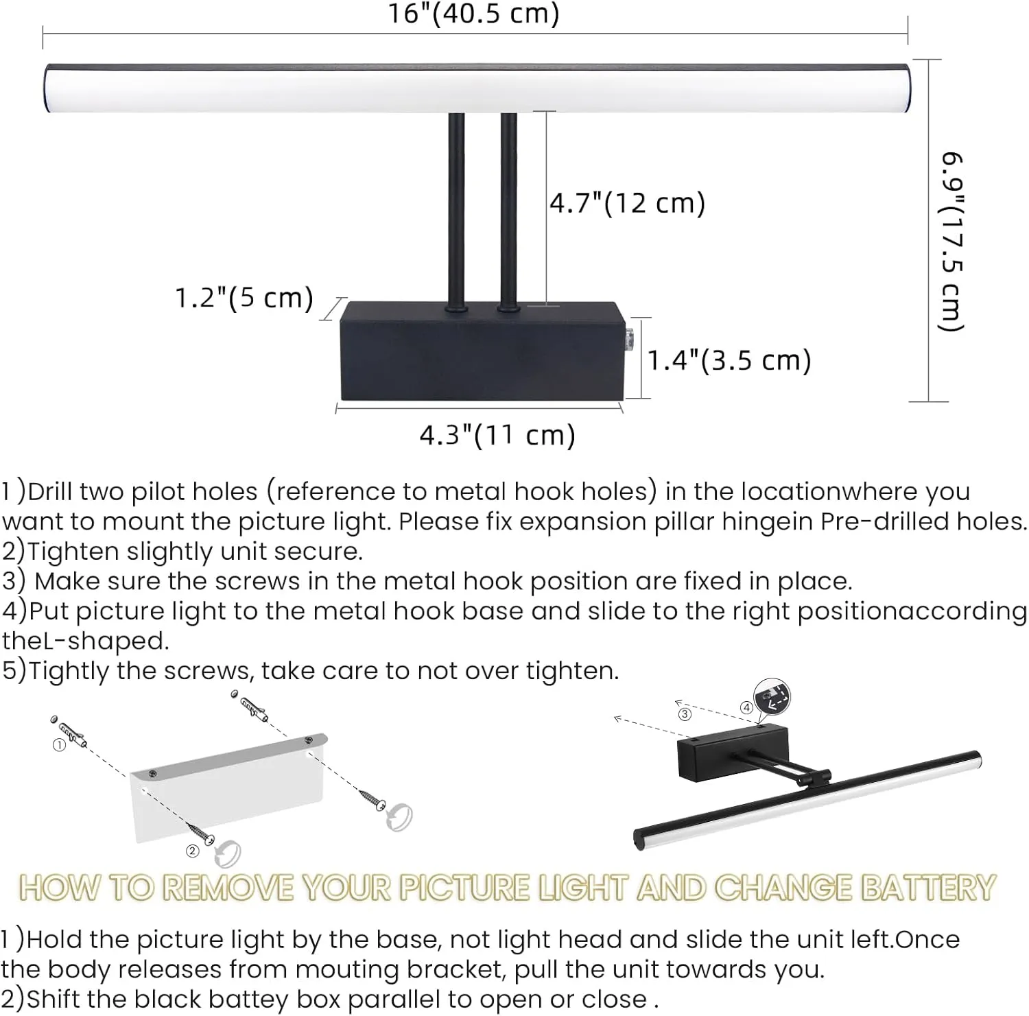 Picture Light, 16" AA Battery Picture Light,Full Metal Picture Frame Light,Wireless Picture Lights with Remote for Wall Display, Photo,Library Black