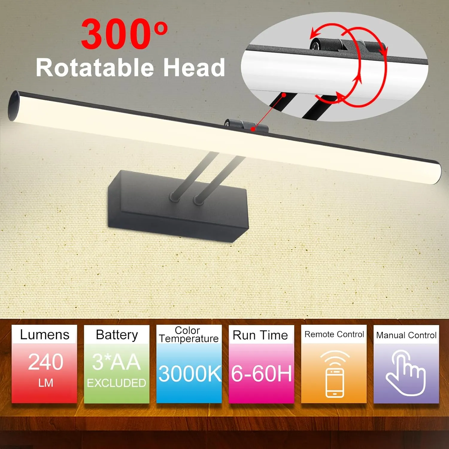 Picture Light, 16" AA Battery Picture Light,Full Metal Picture Frame Light,Wireless Picture Lights with Remote for Wall Display, Photo,Library Black