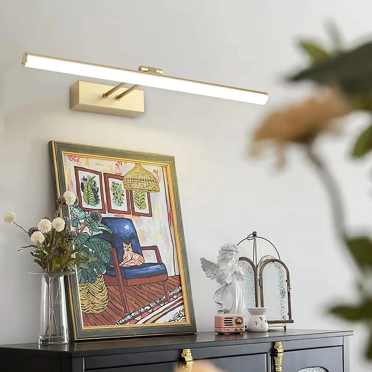 Picture Light, 16" Art Light, Picture Light 3AA Battery Operated,Picture Lights for Wall,Wireless Picture Light with Remote for Wall Display, Photo,Library Gold Painted