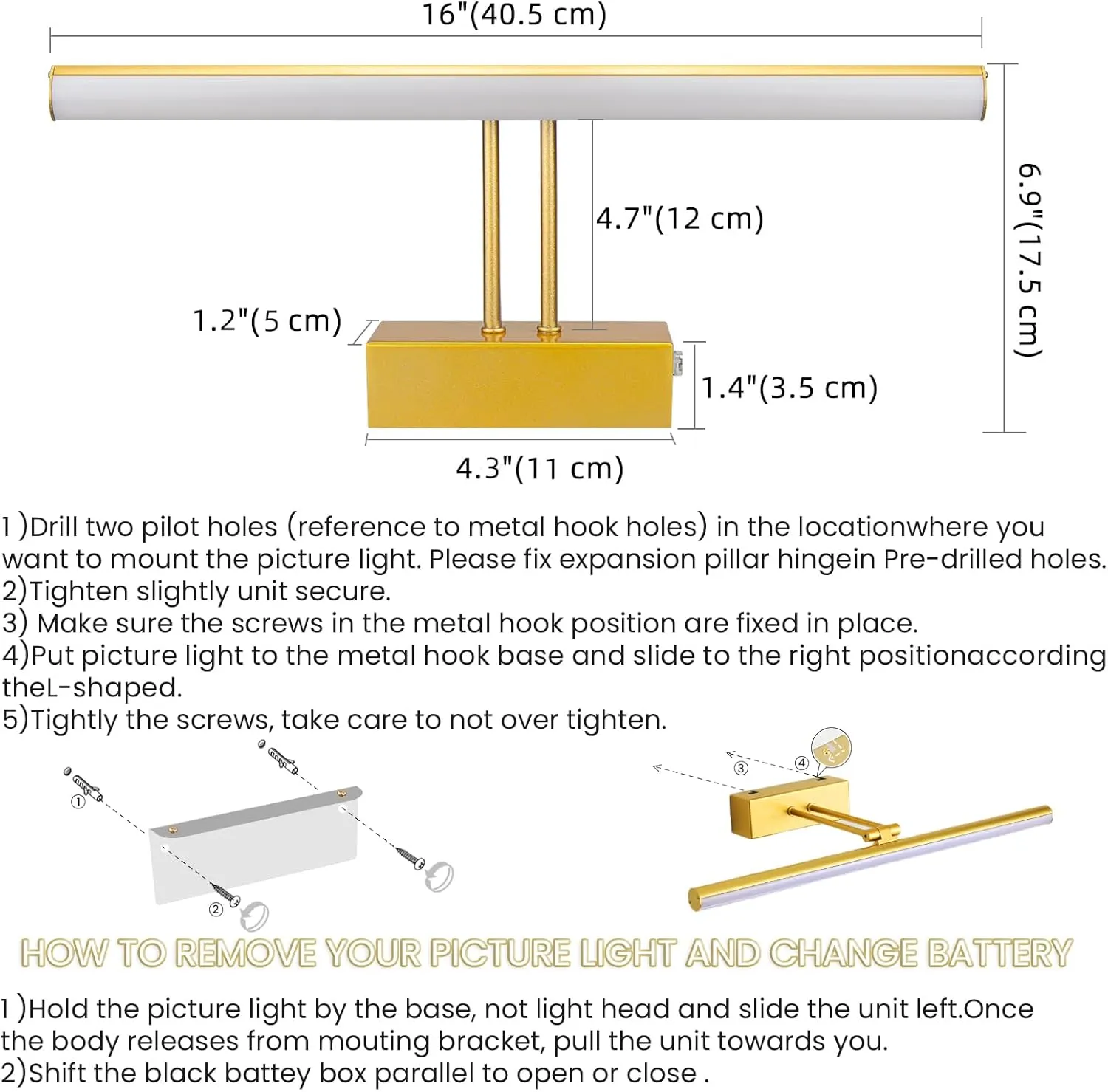 Picture Light, 16" Art Light, Picture Light 3AA Battery Operated,Picture Lights for Wall,Wireless Picture Light with Remote for Wall Display, Photo,Library Gold Painted
