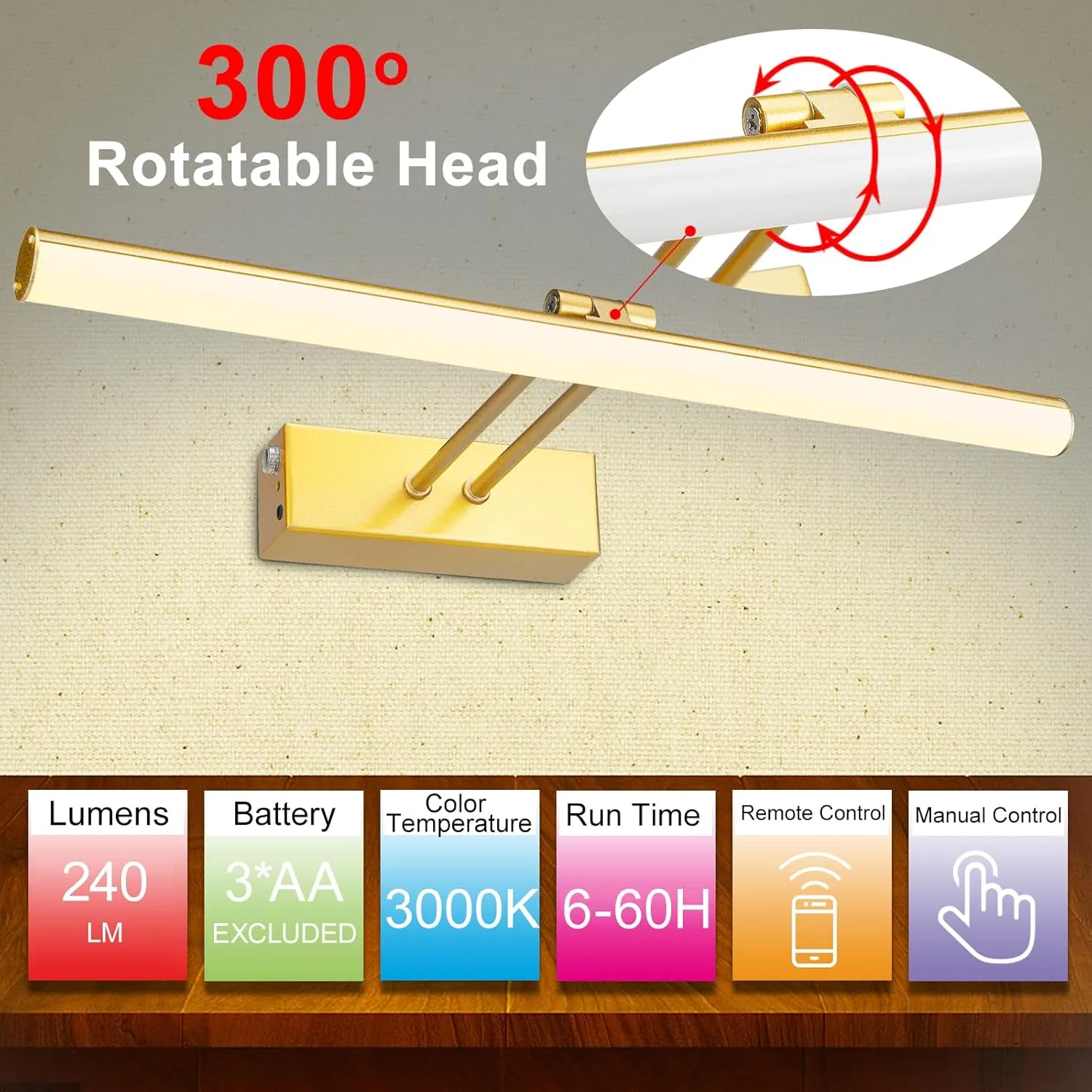 Picture Light, 16" Art Light, Picture Light 3AA Battery Operated,Picture Lights for Wall,Wireless Picture Light with Remote for Wall Display, Photo,Library Gold Painted
