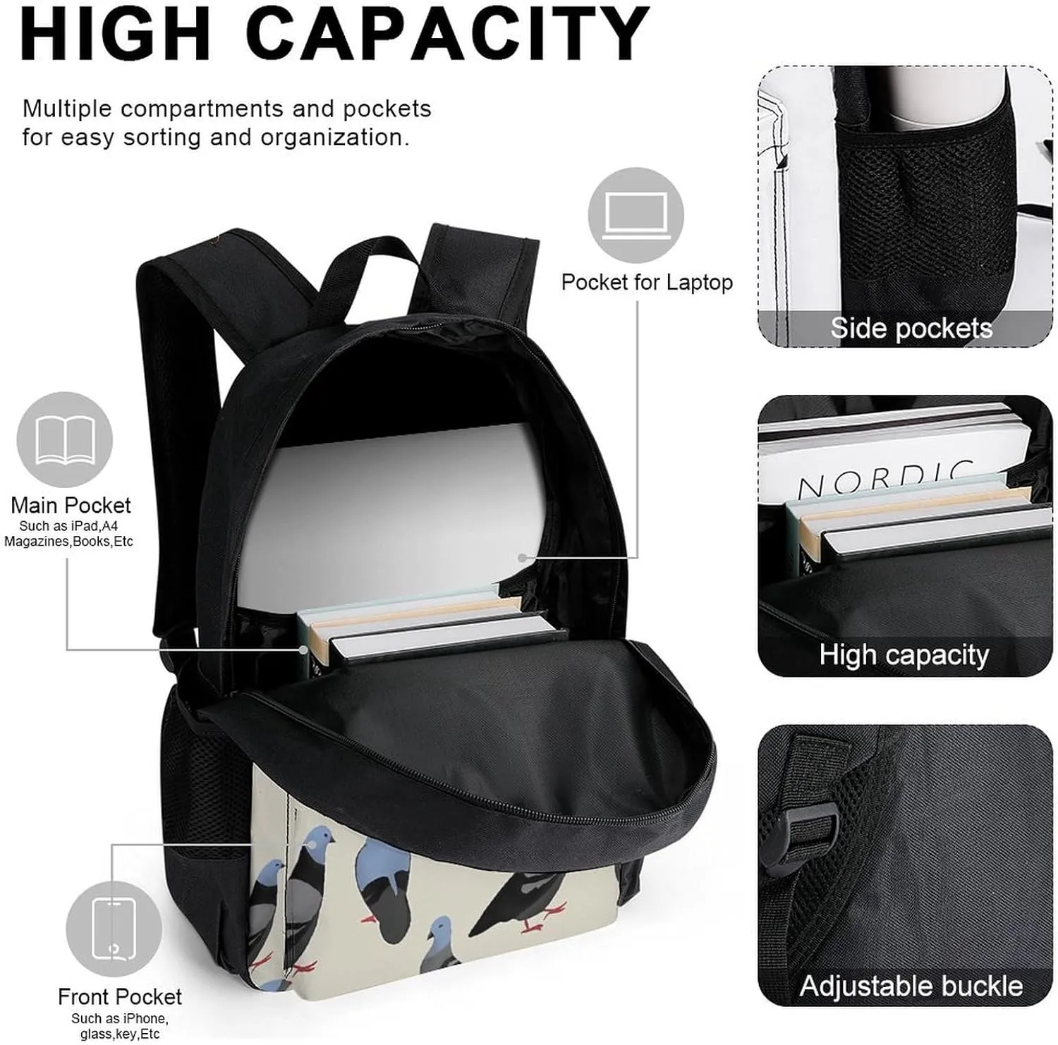 Pigeons Lightweight Pocket Backpack Crossbody Lunch Bag Set Unisex