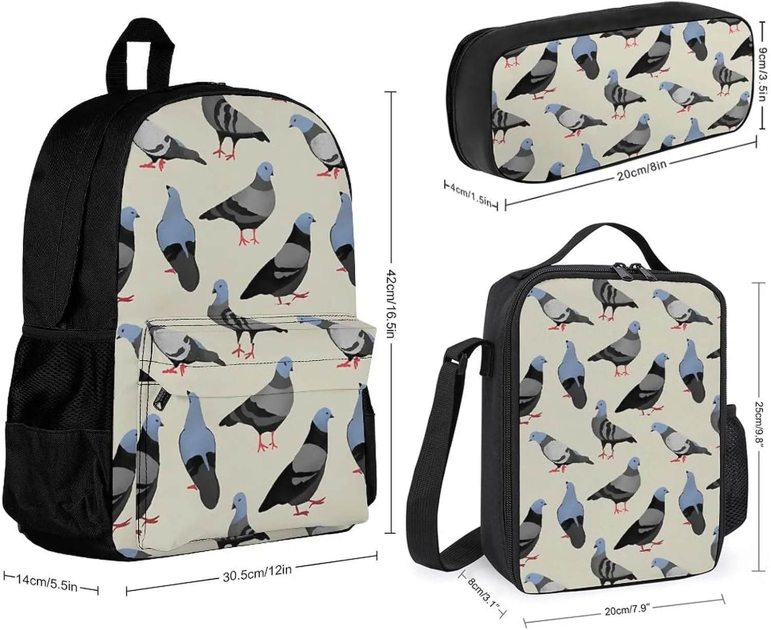 Pigeons Lightweight Pocket Backpack Crossbody Lunch Bag Set Unisex