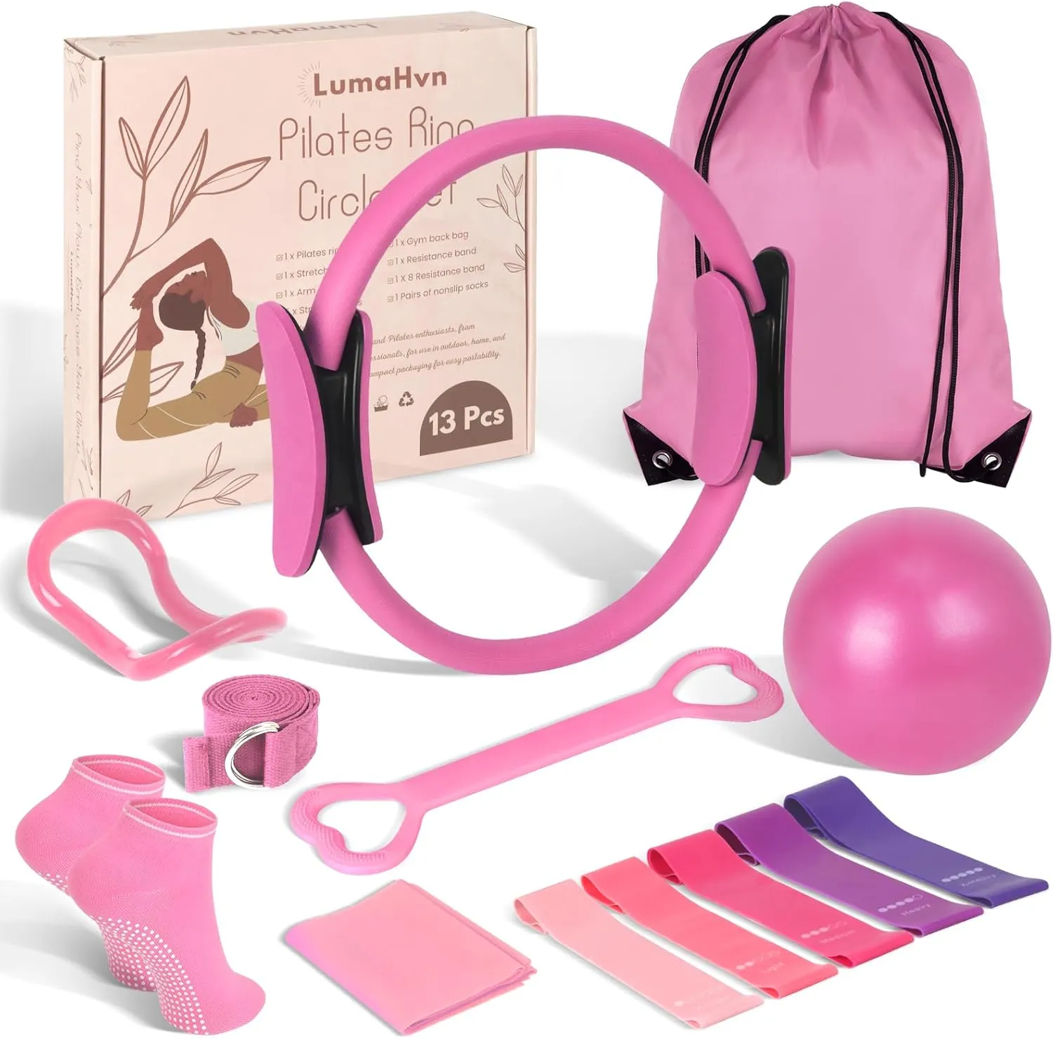 Pilates Ring Essentials Kit for Women, Home Workout Equipment Set with 9.8” Ball, Resistance Bands, Magic Circle, Accessories, Pilates Set for Beginners, Toning, Fitness Gift Idea