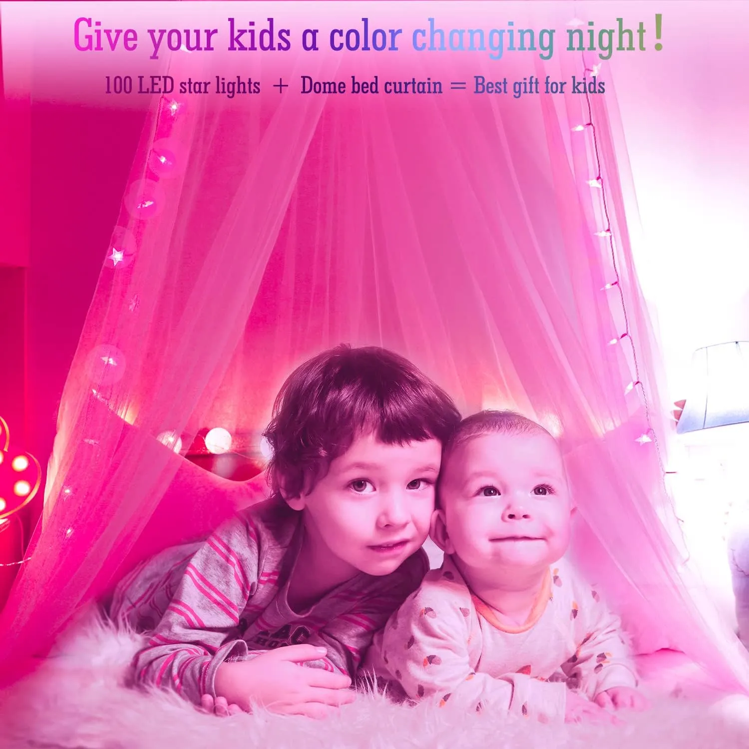 Pink Bed Canopy with 100 LED Star Lights, Princess Elegant Dome Canopy Bed Curtains with Pink Lights USB Powered, Bed Netting Canopy for Girls Women Valentines Day Suitable for Twin to King Size Bed