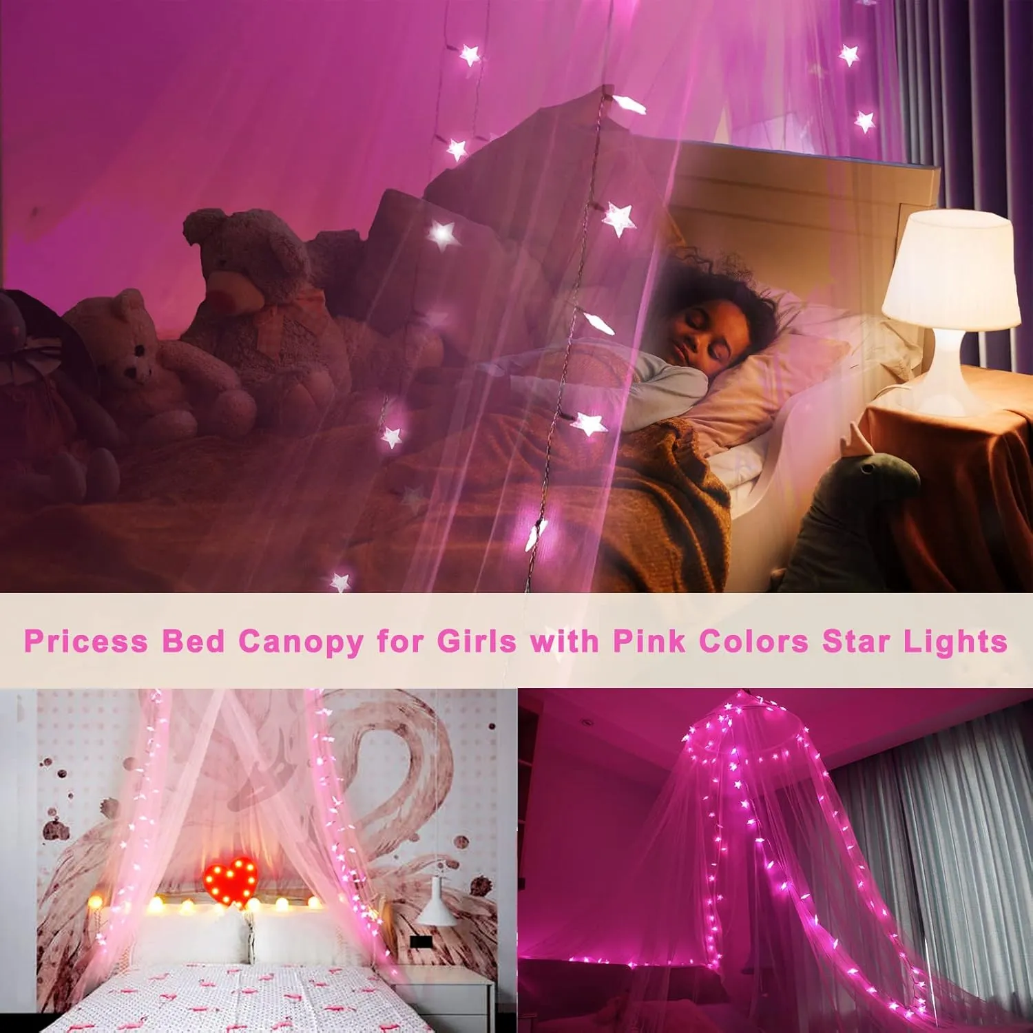 Pink Bed Canopy with 100 LED Star Lights, Princess Elegant Dome Canopy Bed Curtains with Pink Lights USB Powered, Bed Netting Canopy for Girls Women Valentines Day Suitable for Twin to King Size Bed