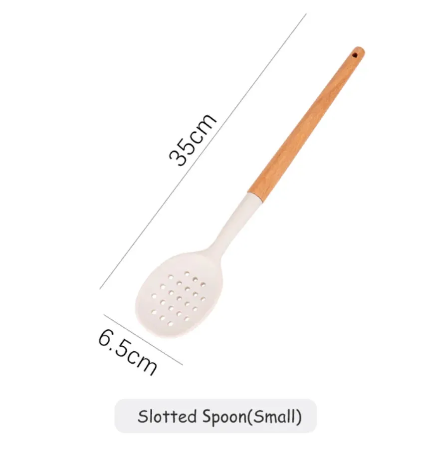 Pink Cooking Kitchenware Tool Silicone Utensils With Wooden Multifunction Handle Non-Stick Spatula Ladle Egg Beaters Shovel Set