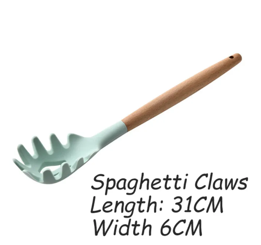 Pink Cooking Kitchenware Tool Silicone Utensils With Wooden Multifunction Handle Non-Stick Spatula Ladle Egg Beaters Shovel Set