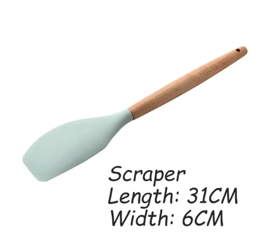 Pink Cooking Kitchenware Tool Silicone Utensils With Wooden Multifunction Handle Non-Stick Spatula Ladle Egg Beaters Shovel Set