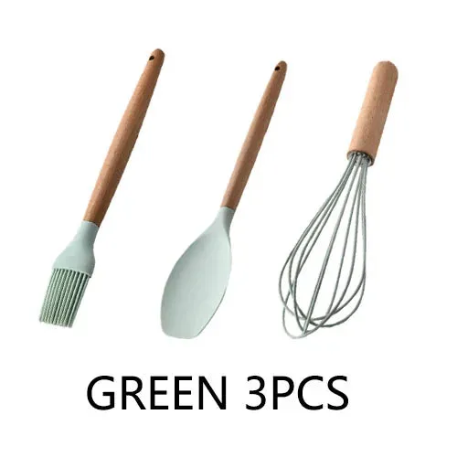 Pink Cooking Kitchenware Tool Silicone Utensils With Wooden Multifunction Handle Non-Stick Spatula Ladle Egg Beaters Shovel Set