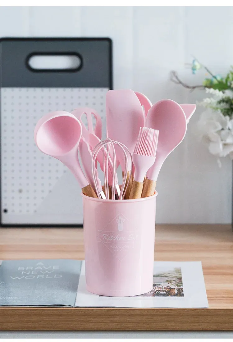 Pink Cooking Kitchenware Tool Silicone Utensils With Wooden Multifunction Handle Non-Stick Spatula Ladle Egg Beaters Shovel Set