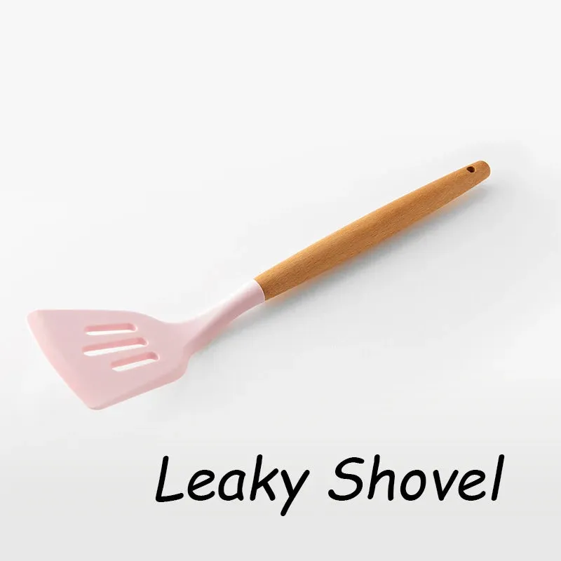 Pink Cooking Kitchenware Tool Silicone Utensils With Wooden Multifunction Handle Non-Stick Spatula Ladle Egg Beaters Shovel Set