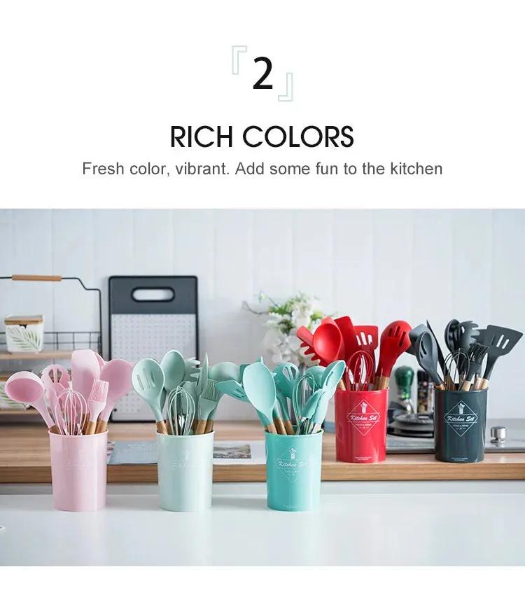 Pink Cooking Kitchenware Tool Silicone Utensils With Wooden Multifunction Handle Non-Stick Spatula Ladle Egg Beaters Shovel Set