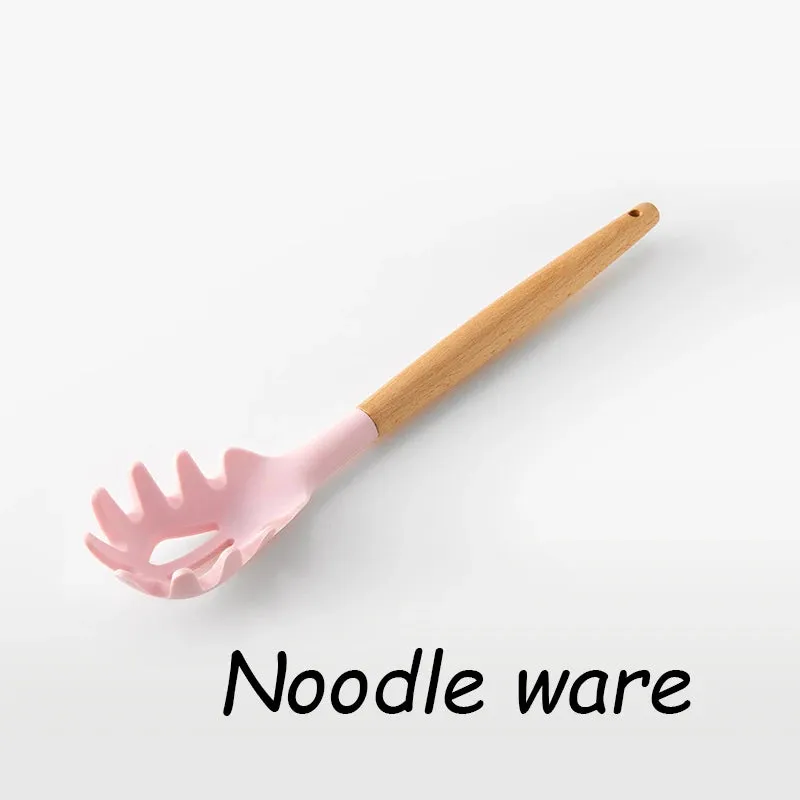 Pink Cooking Kitchenware Tool Silicone Utensils With Wooden Multifunction Handle Non-Stick Spatula Ladle Egg Beaters Shovel Set
