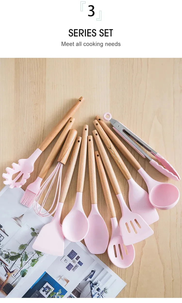 Pink Cooking Kitchenware Tool Silicone Utensils With Wooden Multifunction Handle Non-Stick Spatula Ladle Egg Beaters Shovel Set