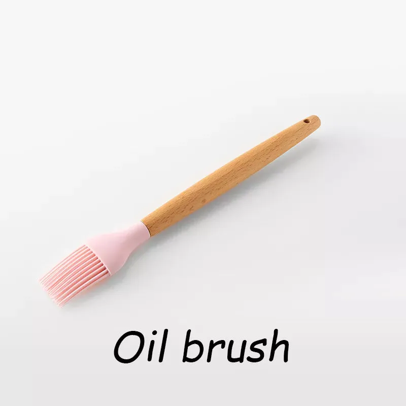 Pink Cooking Kitchenware Tool Silicone Utensils With Wooden Multifunction Handle Non-Stick Spatula Ladle Egg Beaters Shovel Set