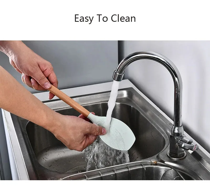 Pink Cooking Kitchenware Tool Silicone Utensils With Wooden Multifunction Handle Non-Stick Spatula Ladle Egg Beaters Shovel Set