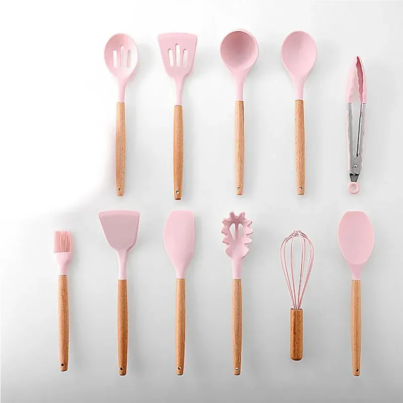 Pink Cooking Kitchenware Tool Silicone Utensils With Wooden Multifunction Handle Non-Stick Spatula Ladle Egg Beaters Shovel Set