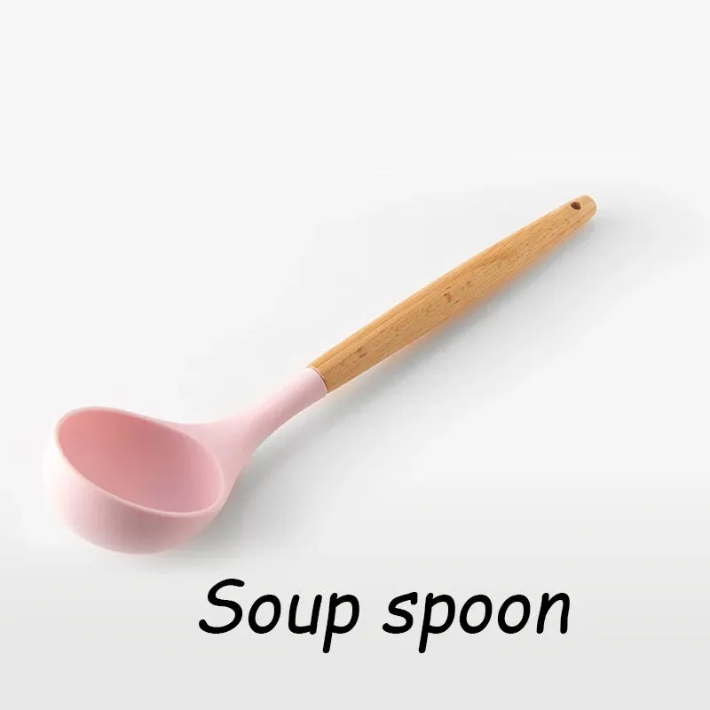 Pink Cooking Kitchenware Tool Silicone Utensils With Wooden Multifunction Handle Non-Stick Spatula Ladle Egg Beaters Shovel Set