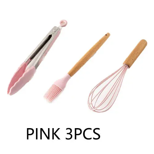 Pink Cooking Kitchenware Tool Silicone Utensils With Wooden Multifunction Handle Non-Stick Spatula Ladle Egg Beaters Shovel Set