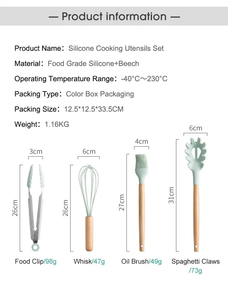 Pink Cooking Kitchenware Tool Silicone Utensils With Wooden Multifunction Handle Non-Stick Spatula Ladle Egg Beaters Shovel Set