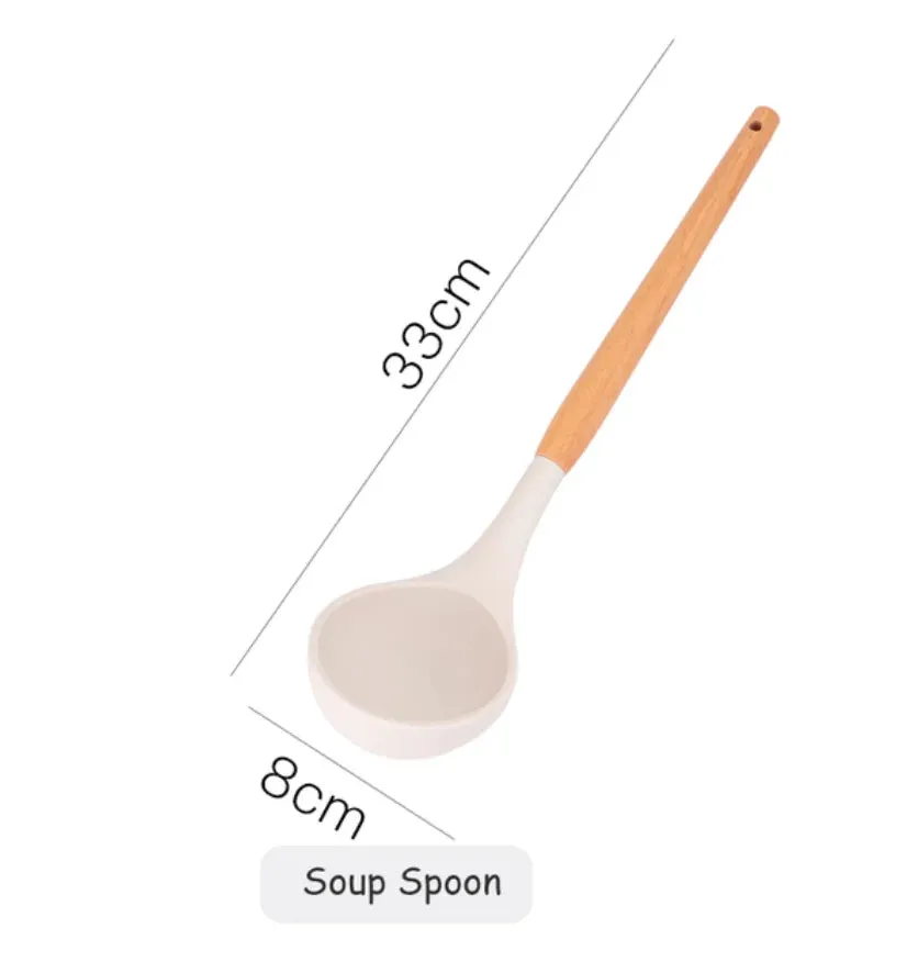 Pink Cooking Kitchenware Tool Silicone Utensils With Wooden Multifunction Handle Non-Stick Spatula Ladle Egg Beaters Shovel Set