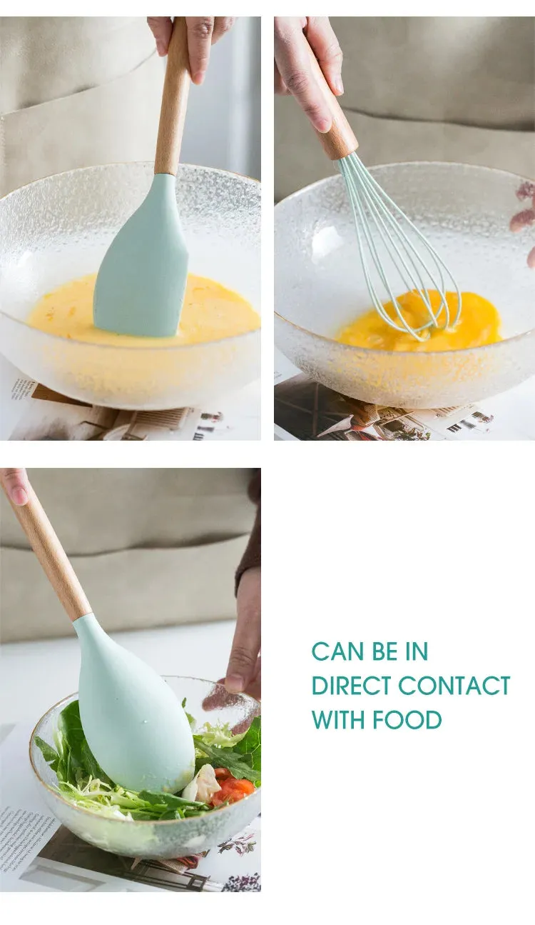 Pink Cooking Kitchenware Tool Silicone Utensils With Wooden Multifunction Handle Non-Stick Spatula Ladle Egg Beaters Shovel Set