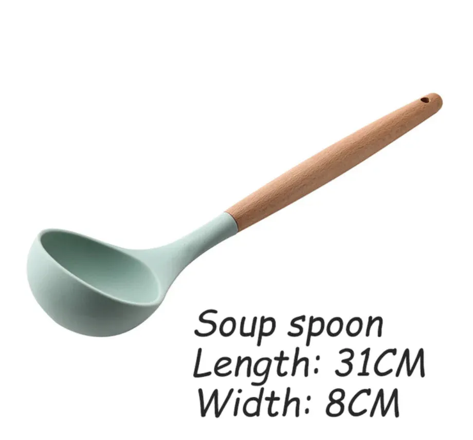 Pink Cooking Kitchenware Tool Silicone Utensils With Wooden Multifunction Handle Non-Stick Spatula Ladle Egg Beaters Shovel Set