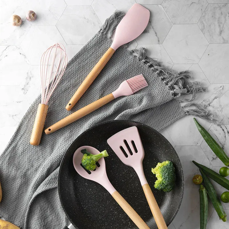 Pink Cooking Kitchenware Tool Silicone Utensils With Wooden Multifunction Handle Non-Stick Spatula Ladle Egg Beaters Shovel Set