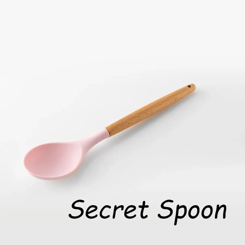 Pink Cooking Kitchenware Tool Silicone Utensils With Wooden Multifunction Handle Non-Stick Spatula Ladle Egg Beaters Shovel Set