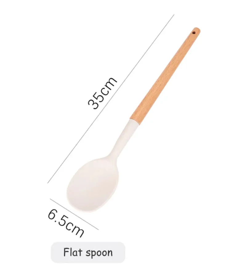 Pink Cooking Kitchenware Tool Silicone Utensils With Wooden Multifunction Handle Non-Stick Spatula Ladle Egg Beaters Shovel Set