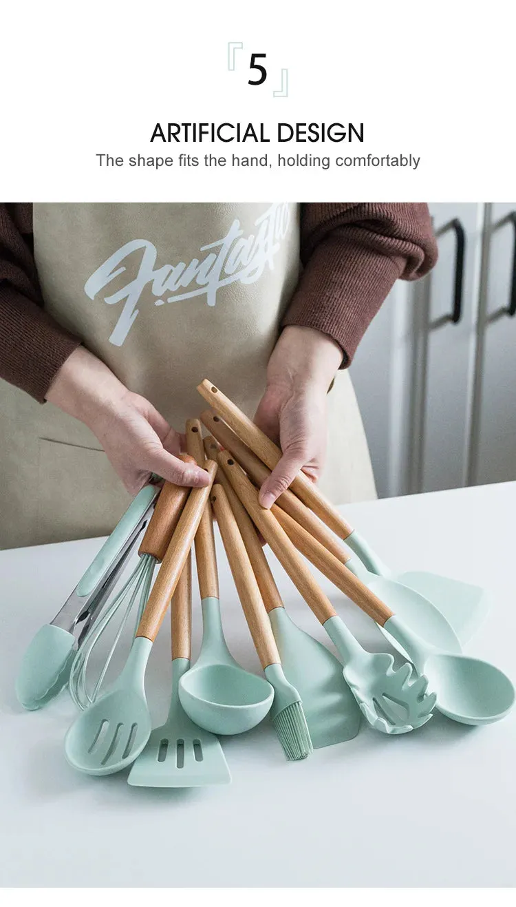 Pink Cooking Kitchenware Tool Silicone Utensils With Wooden Multifunction Handle Non-Stick Spatula Ladle Egg Beaters Shovel Set