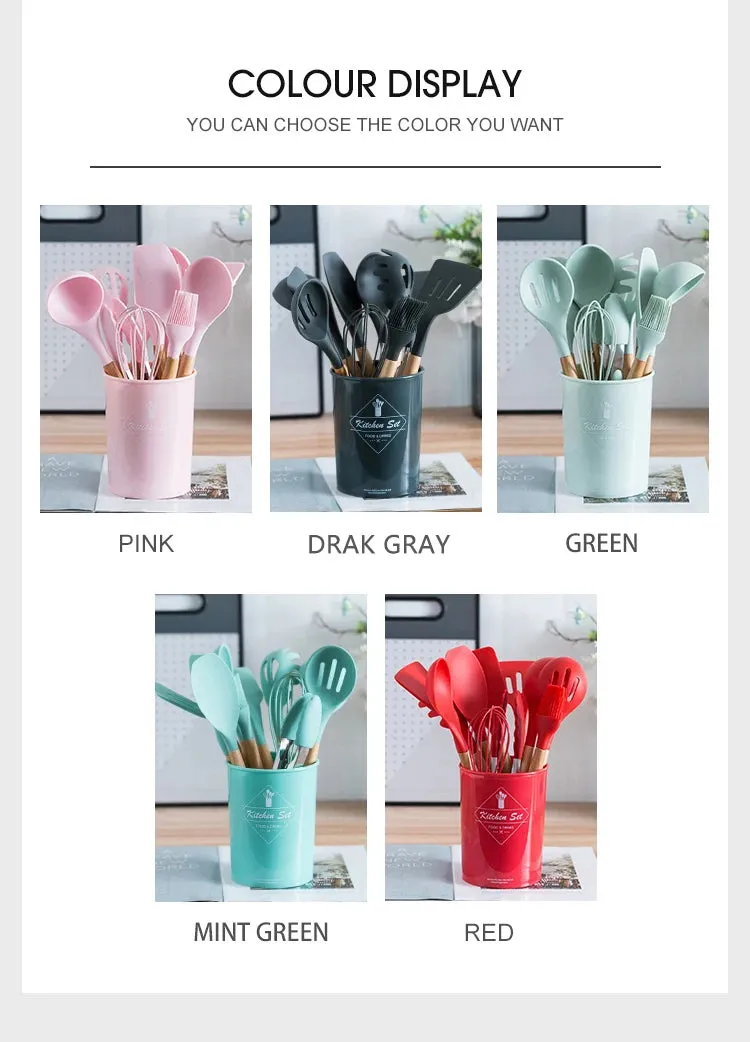 Pink Cooking Kitchenware Tool Silicone Utensils With Wooden Multifunction Handle Non-Stick Spatula Ladle Egg Beaters Shovel Set