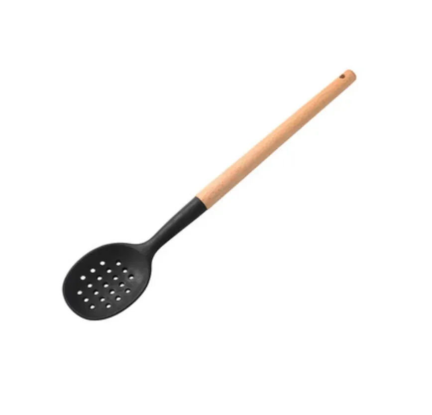 Pink Cooking Kitchenware Tool Silicone Utensils With Wooden Multifunction Handle Non-Stick Spatula Ladle Egg Beaters Shovel Set