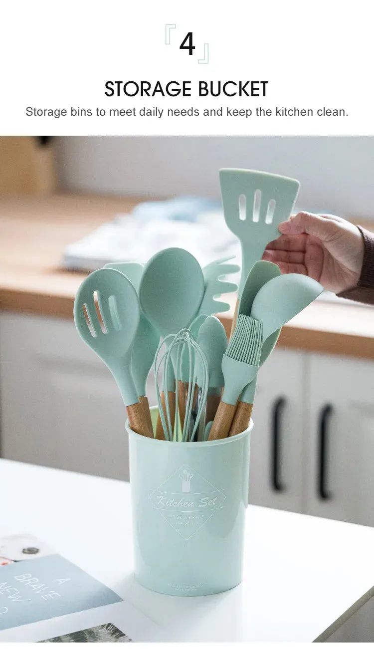 Pink Cooking Kitchenware Tool Silicone Utensils With Wooden Multifunction Handle Non-Stick Spatula Ladle Egg Beaters Shovel Set