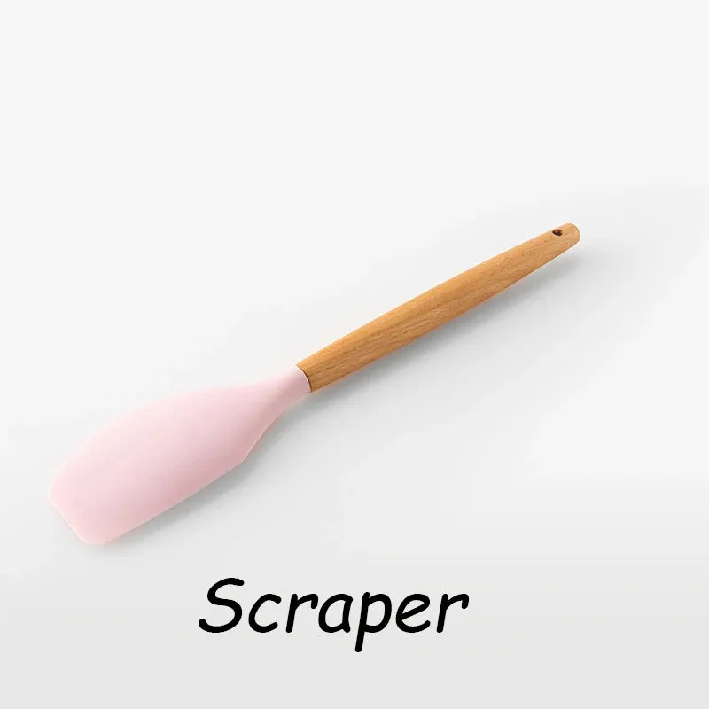 Pink Cooking Kitchenware Tool Silicone Utensils With Wooden Multifunction Handle Non-Stick Spatula Ladle Egg Beaters Shovel Set