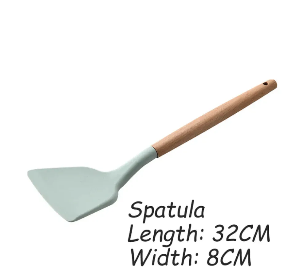 Pink Cooking Kitchenware Tool Silicone Utensils With Wooden Multifunction Handle Non-Stick Spatula Ladle Egg Beaters Shovel Set