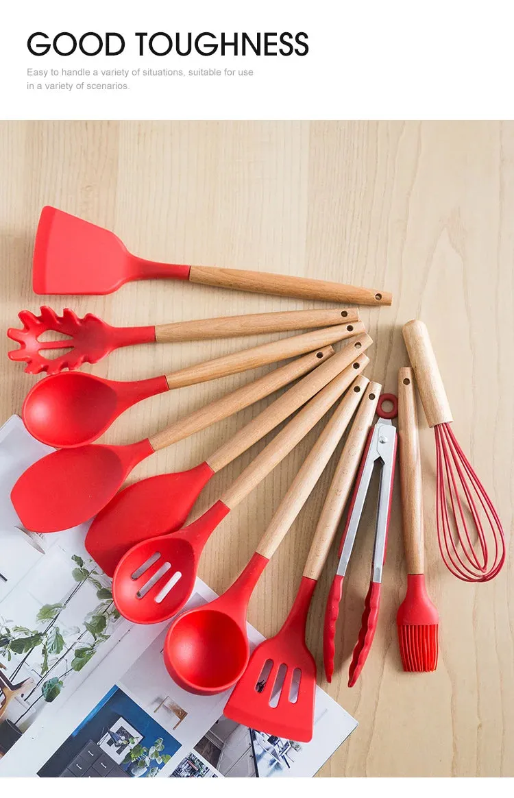 Pink Cooking Kitchenware Tool Silicone Utensils With Wooden Multifunction Handle Non-Stick Spatula Ladle Egg Beaters Shovel Set