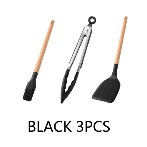 Pink Cooking Kitchenware Tool Silicone Utensils With Wooden Multifunction Handle Non-Stick Spatula Ladle Egg Beaters Shovel Set