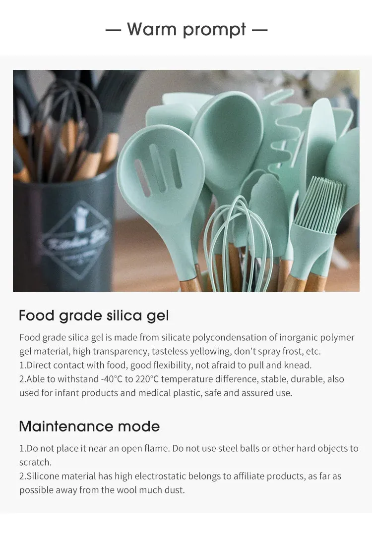 Pink Cooking Kitchenware Tool Silicone Utensils With Wooden Multifunction Handle Non-Stick Spatula Ladle Egg Beaters Shovel Set