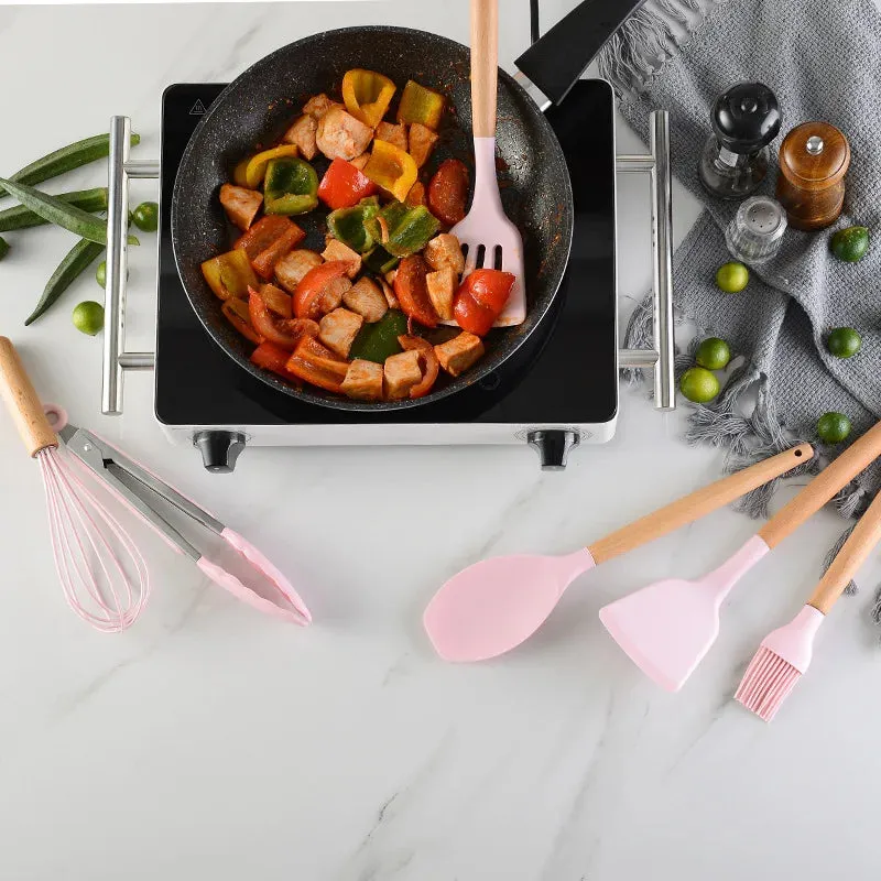Pink Cooking Kitchenware Tool Silicone Utensils With Wooden Multifunction Handle Non-Stick Spatula Ladle Egg Beaters Shovel Set