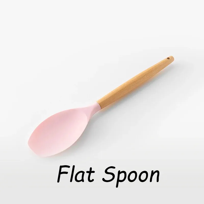 Pink Cooking Kitchenware Tool Silicone Utensils With Wooden Multifunction Handle Non-Stick Spatula Ladle Egg Beaters Shovel Set