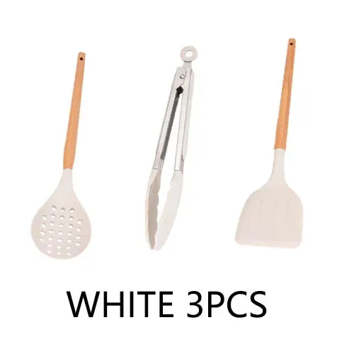 Pink Cooking Kitchenware Tool Silicone Utensils With Wooden Multifunction Handle Non-Stick Spatula Ladle Egg Beaters Shovel Set