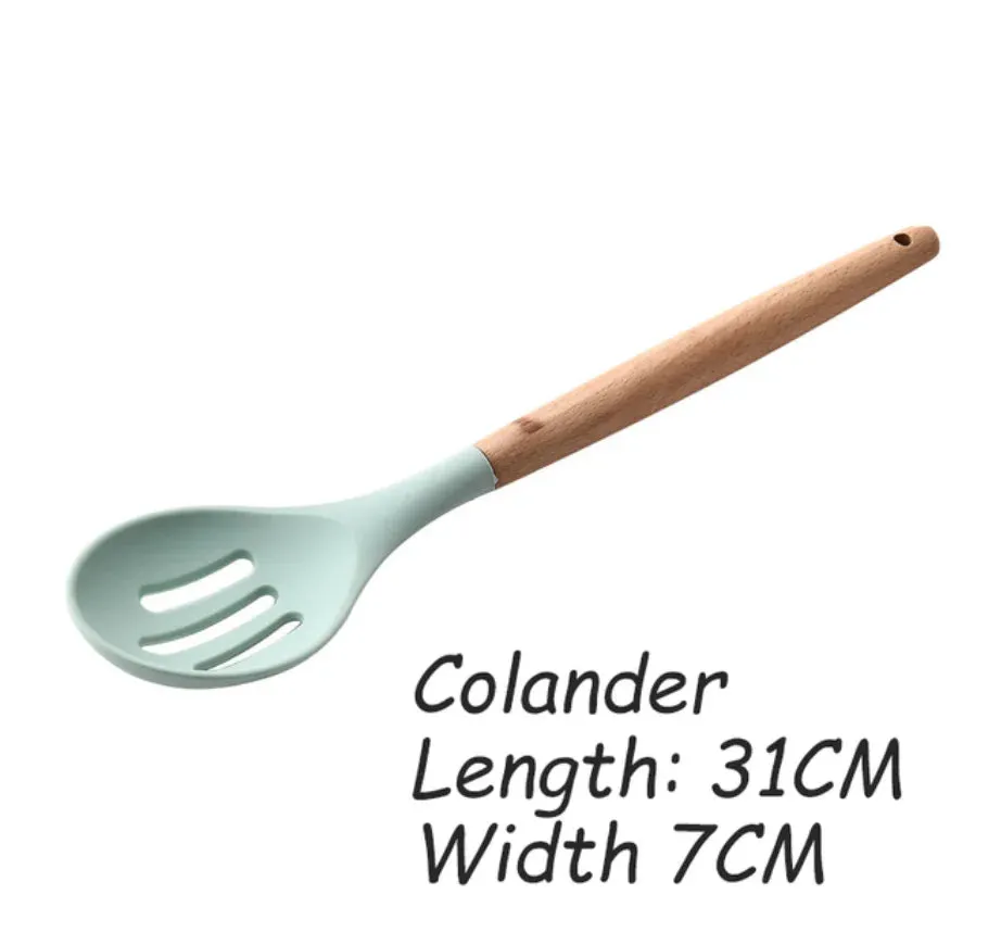 Pink Cooking Kitchenware Tool Silicone Utensils With Wooden Multifunction Handle Non-Stick Spatula Ladle Egg Beaters Shovel Set